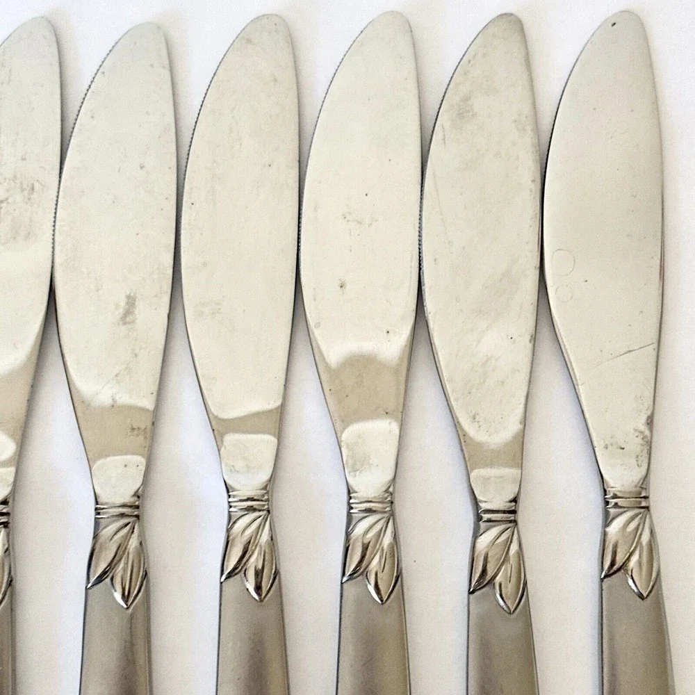 8 Pc‎ Pfaltzgraff stainless 18/0 Satin Laurel Frosted handle Dinner Knives￼